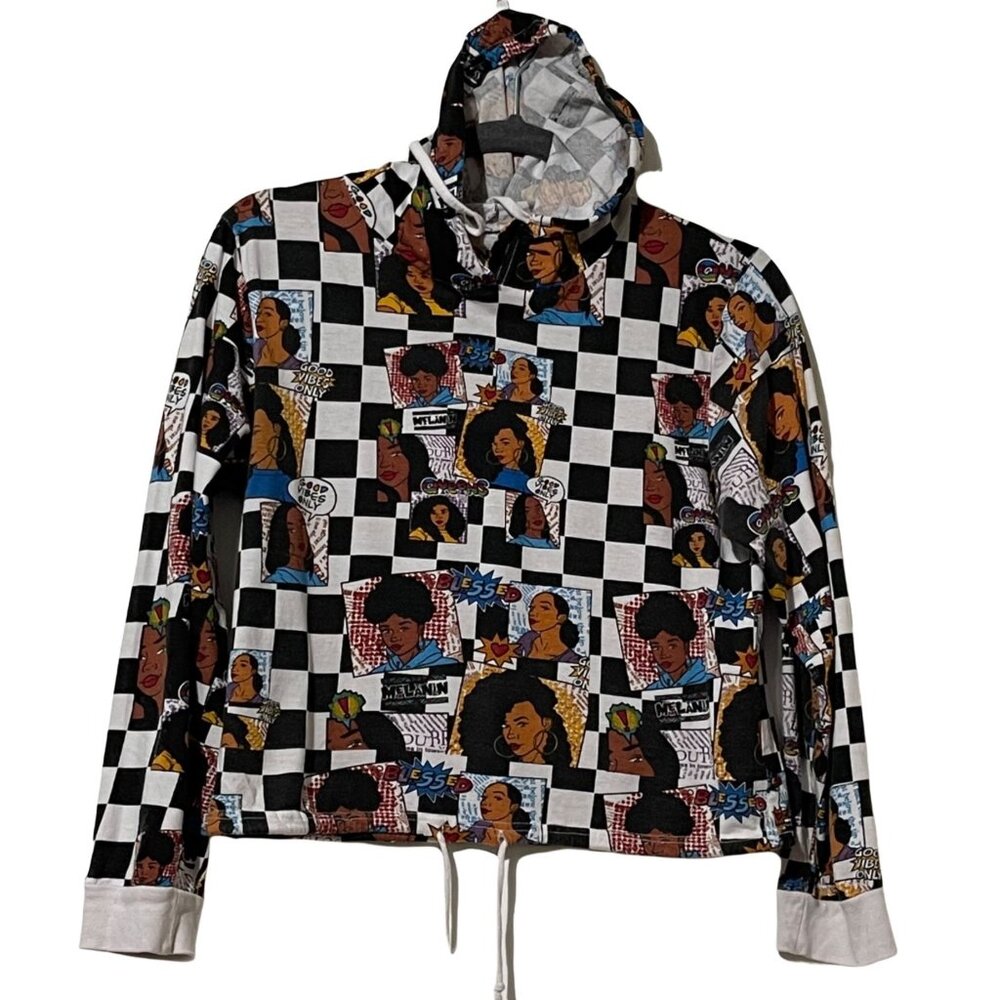 On Fire Womens Size M Cropped Graphic Pullover Hoodie Afrocentric Comic Print - Picture 1 of 5